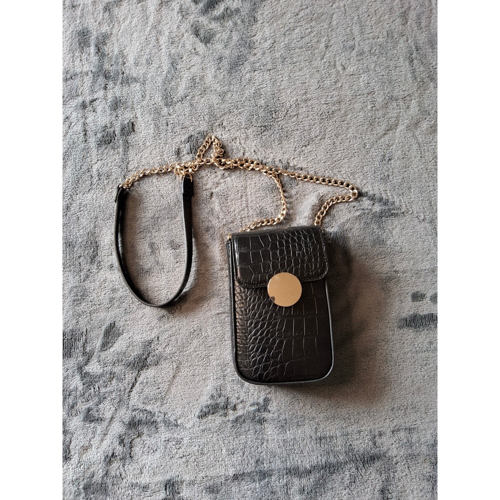 H&M Womens Black Croc Embossed Crossbody Phone Bag Gold Chain Strap Purse